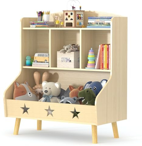 Huhote Kids Bookshelf and Toy Storage Organiser, Kids Bookcase with 3 Compartments, Kids Toy Storage Cabinet, Children's Bookcase Organizer Holder, for Bedroom, Kids Room, Playroom, Nursery (Oak)
