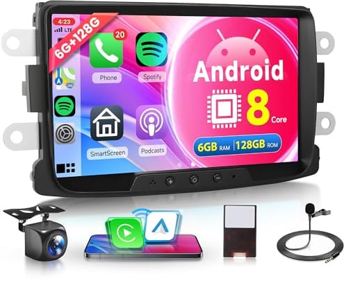 6G+128G 8 Core Android Autoradio für Dacia Logan Dokker Duster Sandero Lodgy Renault Captur Symbol 8 Zoll Autoradio mit Android Auto GPS Navi WiFi Mirror Link Bluetooth FM/RDS/DSP/SWC Rückfahrkamera