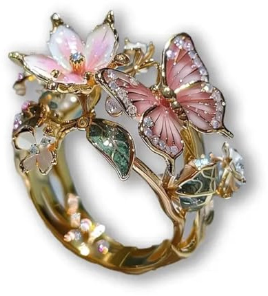 Mjzzh Blumen-Schmetterlingsring für Frauen Bohemian Goldring, Modeschmuck Geschenk Blumenblattring für Frauen und Mädchen, Geschenk