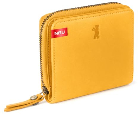 Berliner Bags Petit Portefeuille Femme Sara en Cuir RFID - Jaune | Petit portefeuille femme en cuir, protection RFID, format compact pour cartes, billets et monnaie, avec boîte cadeau