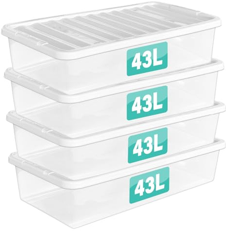 4 x 43 Litre Underbed Storage Boxes With Lids Set of 4, Clear Multipurpose Nestable Stackable Plastic Storage Box With Lid Clear Containers For Home, Kitchen, Garage, Office, Accessories