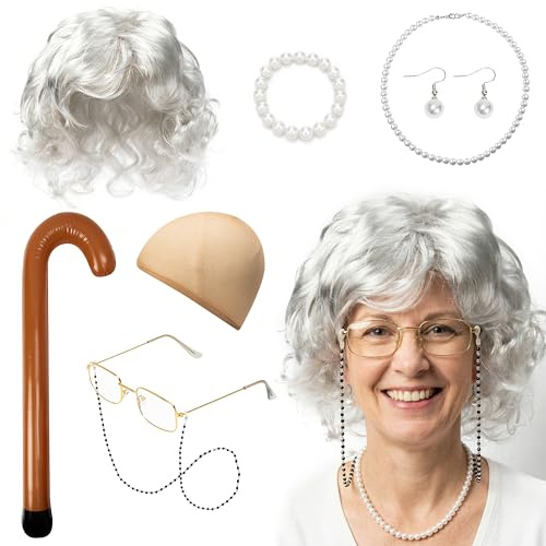 E1mity Oma Perücke Grauer Großmutter Kostüm, 9 Stück Old Lady Cosplay Set | Perückenkappe Perlenschmuck Halskette Ohrringe Armband Brille Kette Aufblasbare Gehstock, für Karneval Fasching Halloween