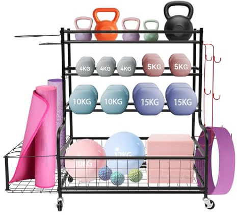 Hantelständer, Multifunktionalen Hantelablage für Home Gym, 4 Etagen Yogamatten-Regal mit Rädern & Haken, Yoga-Mattenhalter Hantelregal für Hanteln, Yoga Matte, Faszienrolle, Kettlebell