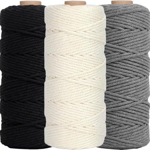 3 Stück Makramee Garn 3mm x100m, WINOK Bunte Makramee-Schnur, DIY Naturgarn Baumwollschnur Baumwollgarn Schnur Baumwollkordel für Wandpflanze Handwerk - Weiß Grau Schwarz