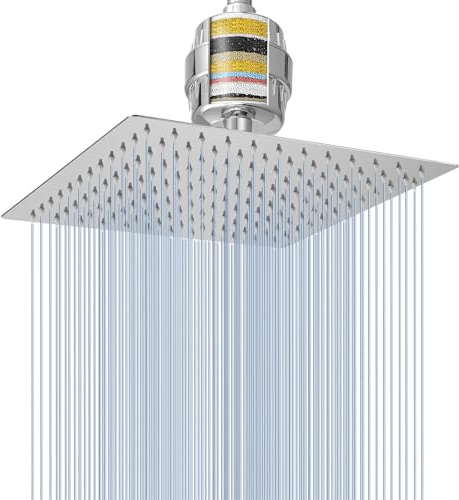 Voolan Rain Shower Head and 15 Stage Shower Filter Combo, High Pressure Rainfall Shower Heads Made of Stainless Steel, Water Softener Filtered Cartridge for Hard Water(8'',Square)