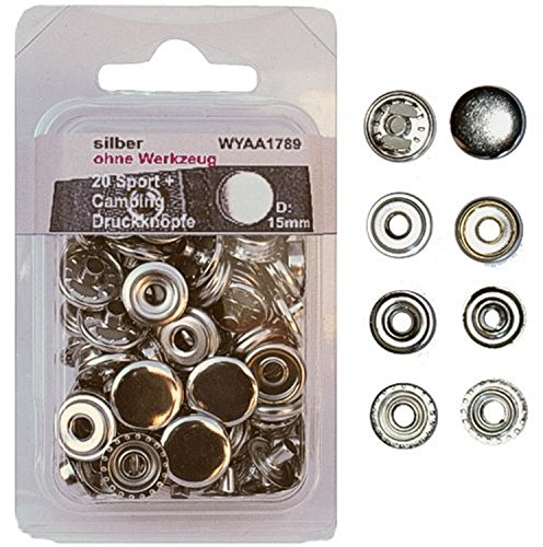 20 Druckknöpfe ohne Werkzeug Nachfüllpack, Sport & Campingsilber 15 mm im SB Blister, 1789