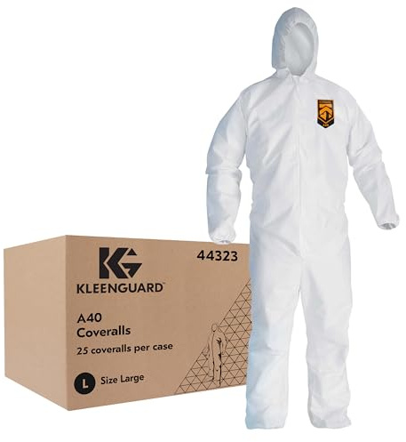 Kleenguard A40 Liquid & Particle Protection Coveralls with Hood (44323), Zip Front, Elastic Wrists & Ankles (EWA), White, Large, 25 Garments / Case
