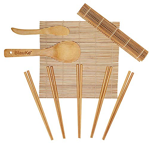 BlauKe® Kit à Sushi Complet, 9 Pièces Sushi Maker Kit en Bambou – 2 Tapis à Sushi en Bambou, Épandeur e Spatule à Riz, 5 Paires de Baguettes – Natte à Sushi en Bambou – Set Rouleau a Sushi et Maki