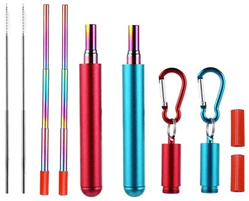 RZJZGZ Lot de 2 pailles télescopiques réutilisables en acier inoxydable, pailles pliables en métal avec étui porte-clé en aluminium et brosse de nettoyage pour voyage, maison, travail (rouge et bleu)