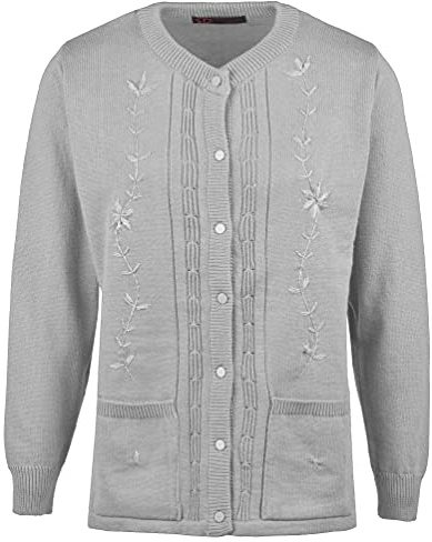 Maan Store Women Ladies Round Neck Long Sleeve Cardigan Front Embroidery Pockets, S/M, Lilac