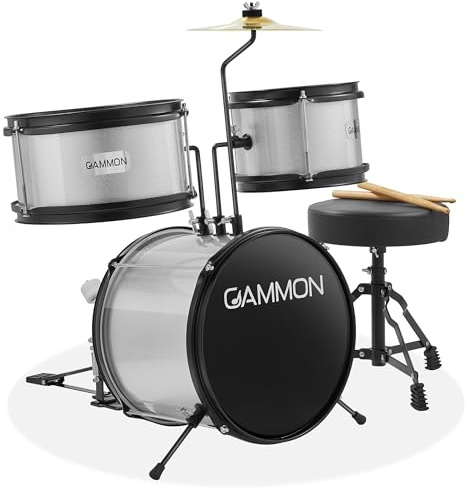 Gammon Percussion Juego de batería junior de 3 piezas con trono, plateado, kit completo para principiantes con bombo, toms, platillo, pedal y baquetas