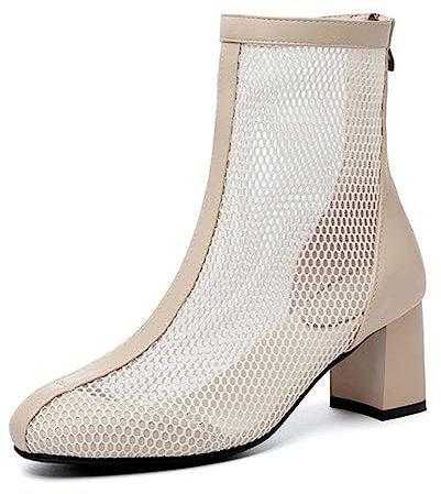 WOkismD Stivaletti Eleganti da Donna con Tacco Grosso Stivaletti a Punta Tonda con Cerniera Stivaletti Estivi in Rete Sandali con Tacco Medio Stivali a metà Polpaccio Comfort Scarpe Casual,Beige,40