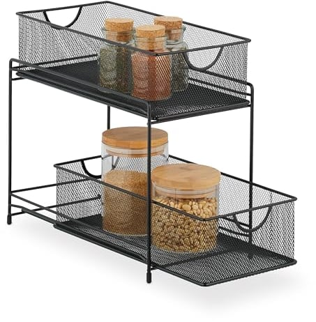 Relaxdays Küchen, 2 Ausziehkörbe, Etagenregal aus Metall, H x B x T: 32 x 19 x 35,5 cm, Bad Organizer, schwarz