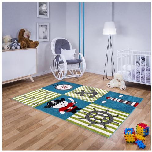 Teppich für Kinderzimmer in Blau, Grün Kinderteppich 140 cm x 190 cm mit Meer Piraten Motiv, Babyteppich für Mädchen und Jungen