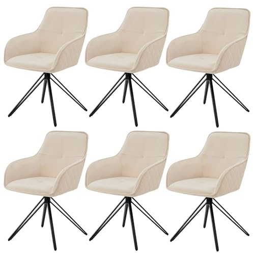 Juskys Drehstuhl Clyde mit Armlehne 6er Set - Esszimmerstuhl modern mit Stoff Bezug - Polsterstuhl Esszimmer - 120 kg belastbar - Stuhl Samt Beige
