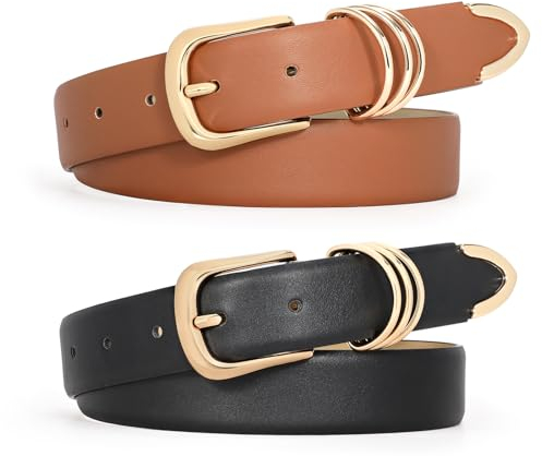 LEACOOLKEY 2 Stücke Damen Ledergürtel für Jeans Hosen Kleider,Goldschnalle Damen Ledergürtel