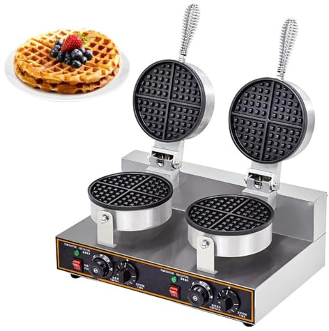 Gaufrier Commercial 2400W Machine à Gaufres Professionnelle à Double Tête, Machine à Gaufres Belge Électrique Ronde Antiadhésive for Restaurant, Hôtel, Fête, Stands de Nourriture, Cafés, Snack-Bars