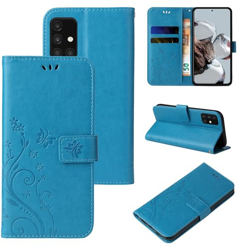 LBH Handy Hülle für Samsung Galaxy A71 Case Handytasche Schmetterling Blumen Flower Standfunktion Schutzhülle Magnet Rundum Schutz 360 Grad Flipcase Cover Blau