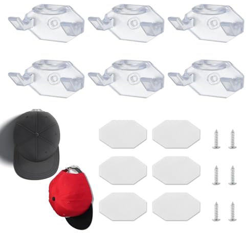 6 Adhesive Hat Hooks for Wall, Self Adhesive Hat Rack Minimalist Hat Display Rack Hat Organizer Wall Mounted Cap Holder with Screws Clear Strong Hold Hat Stand for Baseball Caps Hats Headphone Bedroom