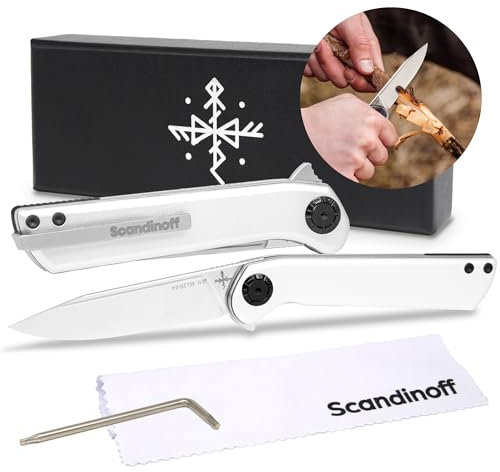 Scandinoff Klappmesser - Aluminiumgriff - Einhandmesser - 80mm Klinge - Taschenmesser - Klingenform „Modern SEAX“ - Sandvik 14C28N Stahl - EDC Messer für Outdoor, Wandern, Camping | Pocketor Slim Alu