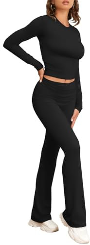 Famulily Women 2 Piece Casual Workout Set Tracksuit Set Long Sleeve Yoga Crop Top Bootcut Pants Skims Dupe Activewear Outftis Black L