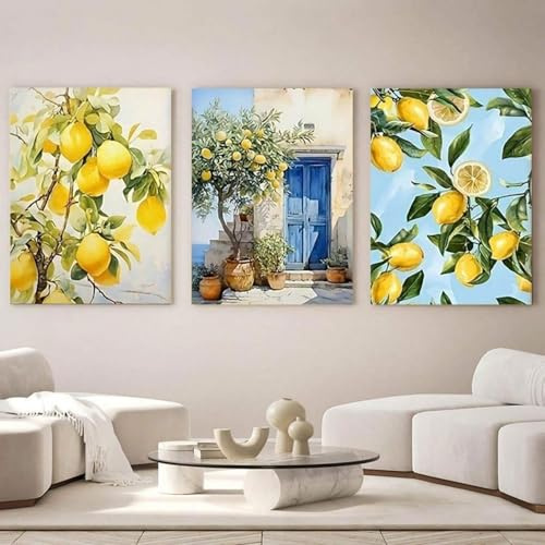 champracer 3er Poster Set Sommer Zitrone Wandbilder Wohnzimmer Modern Wandbilder Wanddeko Aesthetic Deko Leinwand Bilder Wanddeko Bilder Set für Wohnzimmer Schlafzimmer, Ohne Rahmen (40 * 50cm)