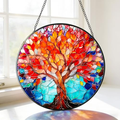 MEIYUDA Stained Glass Window Hanging Suncatcher, Colorful Tree of Life Double Side Glass Panel Sun Catchers for Windows, Handmade Decor Birthday Gifts for Women, Men, Mom, Couples and Lovers 20x20cm