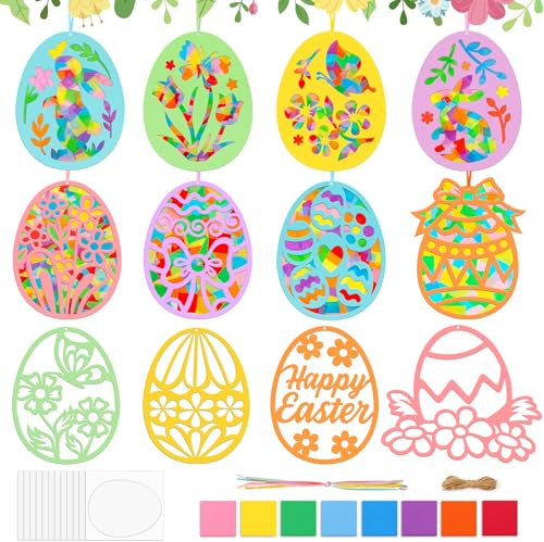 Ostern Basteln Kinder,12 Stück Fensterbilder Ostern,Osterdeko Bastelset Kinder 4 jahre,Bunte Ostereier Osterhasen Schmetterling Fensteraufkleber,Frühling Osterbasteln mit Kindern Party Geschenke