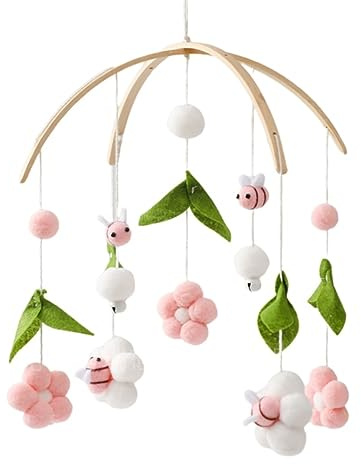 Mobile Baby Windspiele mit Filzbällen - Frische Blumen und Bienen, Kinderzimmer Hängende Bettglocke, für Babybett Wickeltisch Deko (Rosa)