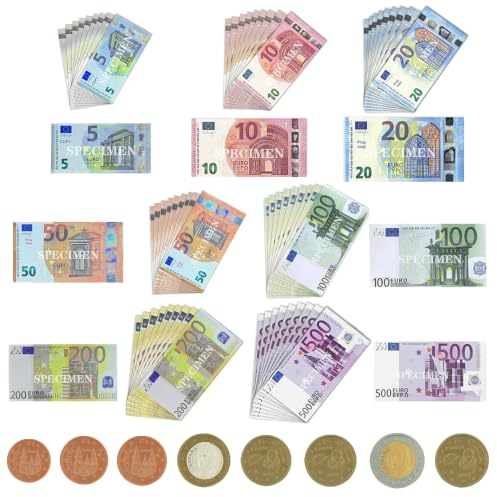 XingRuize 180 Banconote Giocattolo, Inclusi 7 Tagli da 5/10/20/50/100/200/500, 20 Pezzi per Ogni Taglio, più 40 Monete, Banconote Giocattolo False in Europer per Giochi di Ruolo e Apprendimento