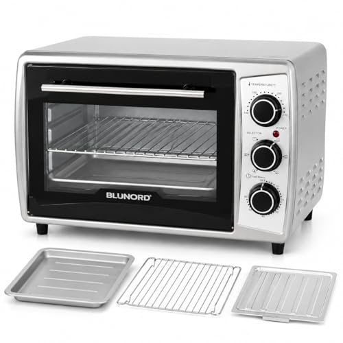 BLUNORD BLU F19 PLUS Forno Elettrico Ventilato 19 L, 1380 W, Grill 800 W, Timer 60 Min, Termostato 100-230 °C, Doppio Vetro, Leccarda, Griglia e Vassoio Briciole, Nero/Silver