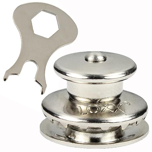 25 Stück LOXX® Oberteil Knopf mit großer Griffkappe, Standardscheibe für Material bis 2,5 mm - Messing vernickelt, mit Schlüßel, großer Kopf