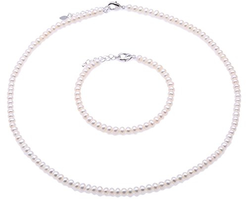 JYX perlenschmuck Set Perlenkette weiß Suesswasser Perlenkette Perlenschmuck Sets - Kleine Größe 4.5-5.5mm weiße Perlenkette Armband Set Pearl Set
