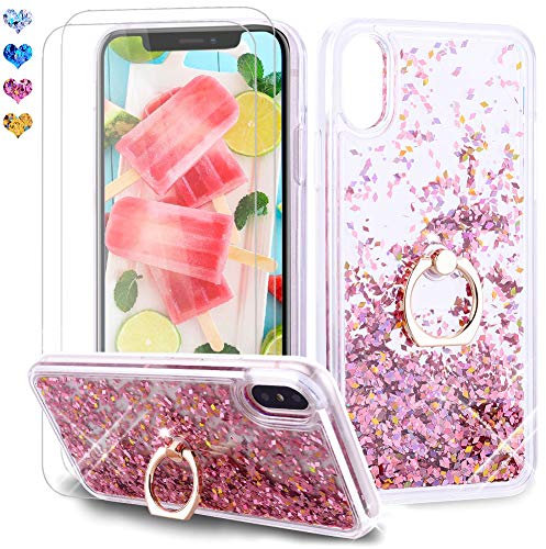 Feyten iPhone XS/iPhone X Case with Tempered Glass Screen Protector [2 pack], Sparkly Glitter Bling Flowing Liquid Floating Case Cover with Kickstand for iPhone XS/X 5.8 (Rose Gold)