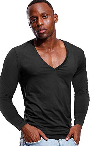 Deep V Neck Shirt Men Long Sleeve Stretch T-Shirt Low Cut Undershirt Tee Black S
