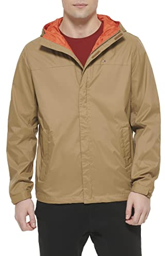 Tommy Hilfiger Men's Lightweight Breathable Waterproof Hooded Jacket Raincoat, Khaki, XS