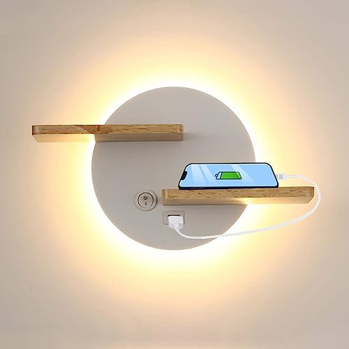 HKLY Wandlampe kinderzimmer mit Schalter, Wandleuchte Holz Innen LED 9W Wandleuchten Schlafzimmer Bett mit USB Ladeanschluss & Regal, Wand Nachttischlampe, Warmweiß