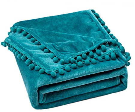 MIULEE Kuscheldecke Fleecedecke Flanell Decke mit Pompoms Einfarbig Wohndecken Couchdecke Flauschig Überwurf Mikrofaser Tagesdecke Sofadecke Blanket, 170x210cm, Wasser Grün