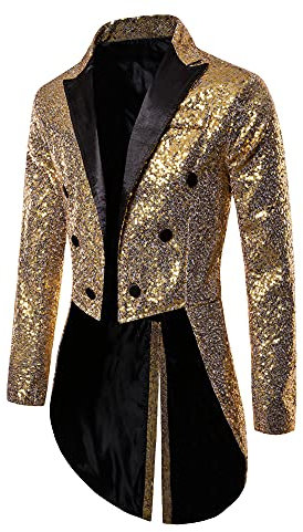 Acrawnni Mens Sequin Tuxedo Tailcoat Swallowtail Suit Jacket Dinner Party Wedding Blazer Slim Fit Show Tux Dress Coat (Golden, Large)