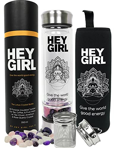Hey Girl - Botella con infusor de cristal con difusor de té, vaso térmico de vidrio de viaje aislado para té de hojas sueltas, bolsas de té y frutas infundidas
