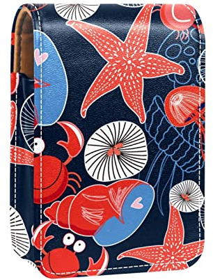 Lippenstift-Etui mit Spiegel, Marine, bunt, Medusa, Seestern, Krabbe, Lipgloss-Halter, tragbare Lippenstift-Aufbewahrungsbox, Reise-Make-up-Tasche, Mini-Leder-Kosmetiktasche für 3 Lippenstifte,