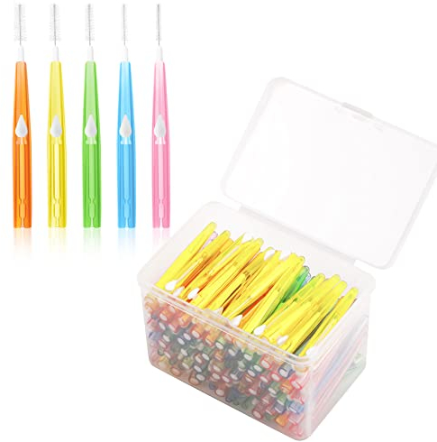 Annhua Interdentalbürsten 100 Stück, Zahnzwischenraumbürsten, Push-Pull Dentalbürsten mit Aufbewahrungsbox (Orange, Gelb, Rosa, Grün, Blau)