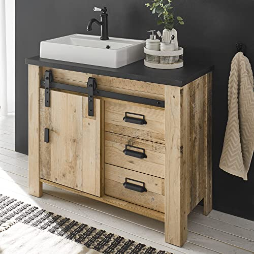 Lomadox Badezimmer Unterschrank inkl. Waschbecken in Old Style hell Nb. mit anthrazit, B/H/T: ca. 95/91/43 cm