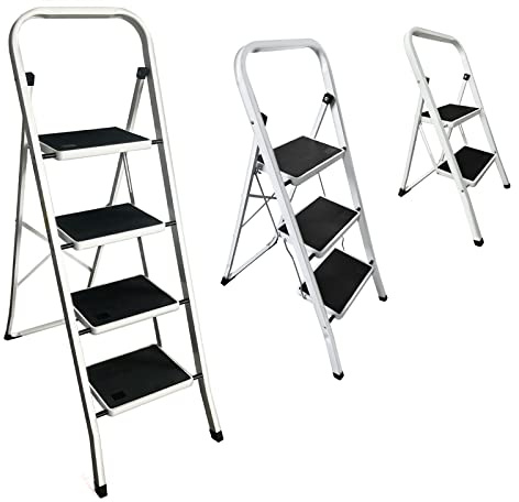 Folding Ladder 4 Step Heavy Duty Steel Stepladders 4 Tread Foldable with Handrail Safety Step Ladder for Indoor Outdoor Household Office Use