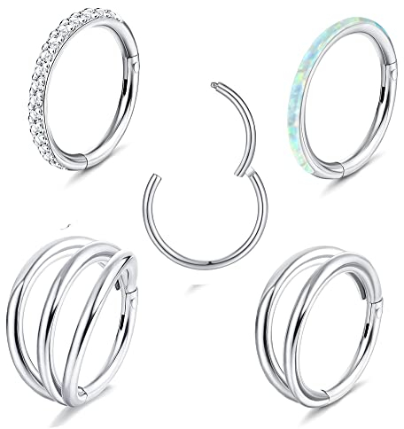 Dimaday 16G/18G Nasenpiercing Ring für Damen Herren 316L Chirurgenstahl CZ Opal Scharnier Lippen Nasenringe Conch Piercing Ring Knorpel Hoop Ohrringe Clicker Septum Piercing Schmuck 8mm 10mmlau