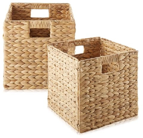 Casafield 10.5 x 10.5 Water Hyacinth Storage Baskets, Natural - Set of 2 Collapsible Cube Organizers, Woven Bins for Bathroom, Bedroom, Laundry, Pantry, Shelves
