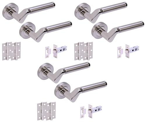 HANDLEZONE® 3 Sets Tucana Internal Door Handles on Rose Lever Latch Packs with Ball Bearing Hinges - Dual Polished/Satin Nickel