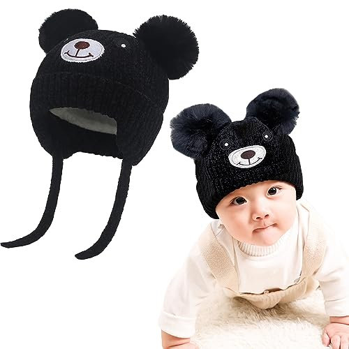 Baby Wintermütze mit Ohrenklappen Kinder Beanie Strickmütze Niedlich Bär Wintermütze mit Bommel Fleecefutter Beanie Kleinkind Verdicken Warme Plüsh Gefüttert Mütze für 0-5 Jahre Jungen Mädchen