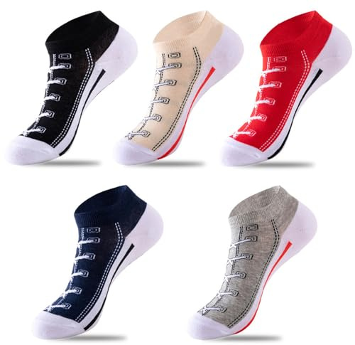 Damen Lustige Socken 5 Paar 3D-Muster Sneakers im Basketballschuh-Design Laufsocken Knöchelsocken Verschleißfest Sportsocken Kurzsocken (Größe: 35-42)
