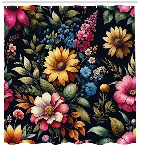 ABAKUHAUS Vintage Duschvorhang, Bunte Kunst von Frühlingsblumen und Blättern träumerische Atmosphäre im Dschungel, Stoffliches Gewebe mit Haken, 175 x 180 cm, Anthrazitgrau Mehrfarbig